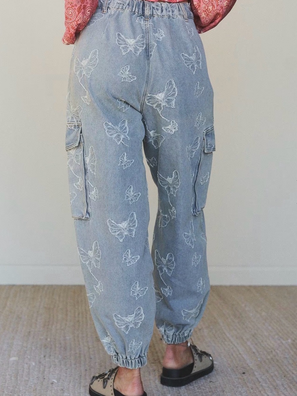 POL Light Blue Embroidered Butterfly Cargo Pants - Picture 3 of 5